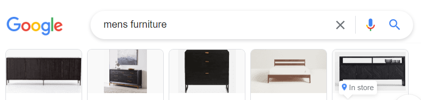 Google search results for men's furniture showing dark, clunky options